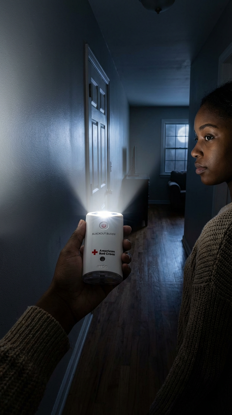 Safety lifestyle: Blackout Buddy providing path lighting in a home hallway