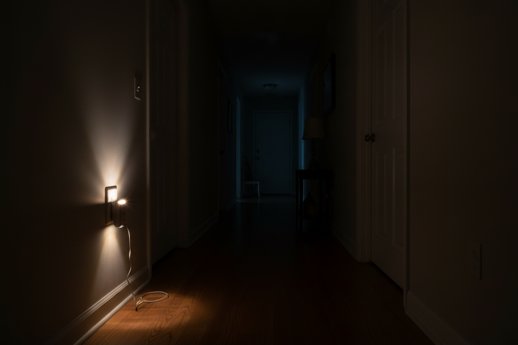 Blackout Buddy lighting a dark hallway during a power outage